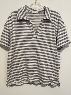 T. La by Anthropologie Striped Knit Polo Top in White and Gray- Small